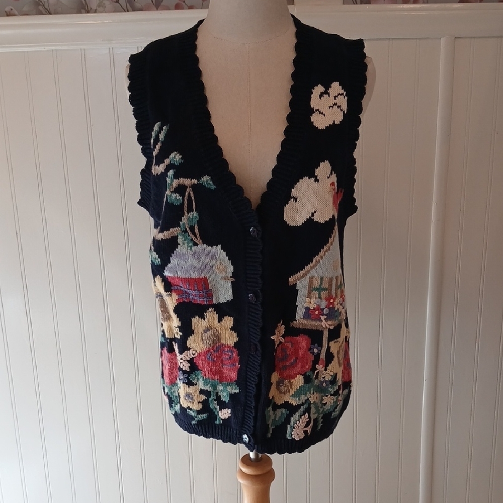 Vintage 80s Northern Reflections Navy Knit Vest with Spring Floral Accents
